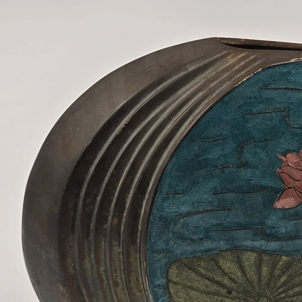 Vintage Indian Brass Cloisonne Lotus Flower Flat Oval Vase Decorated Metal